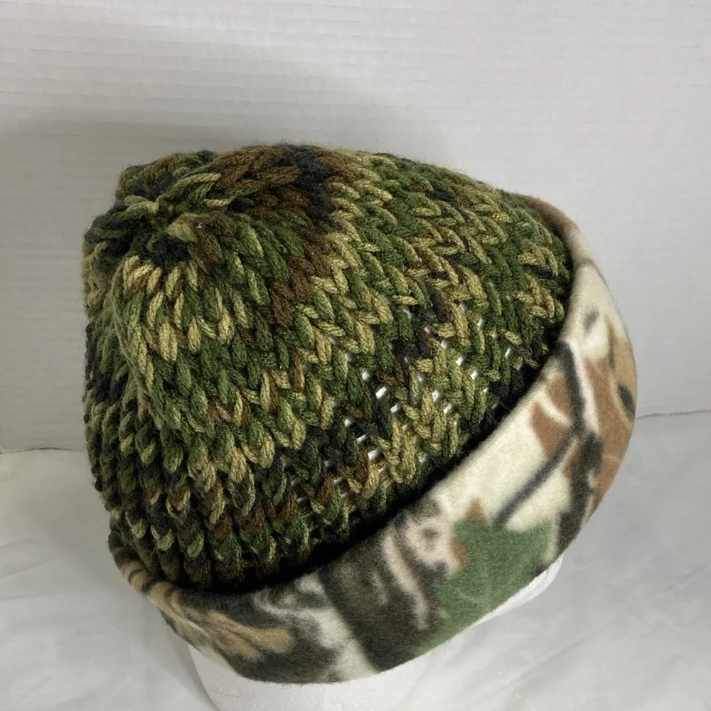 Handcrafted Camo Knit and Fleece Beanie Toque Hat Unisex